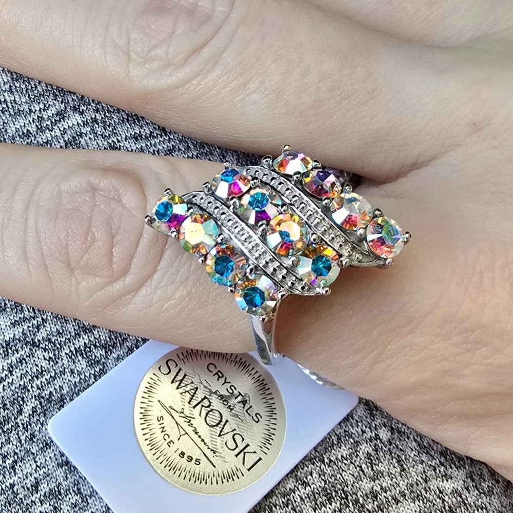 Artisan ✦ Aurora Borealis Swarovski Crystal Ring ✦ 925 Sterling Platinum Over - Picture 3 of 8
